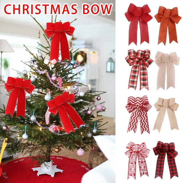 Cagogo Moins de 5$ 9 Pcs Nœud de Noël en Lin, Décoration de Nœud de Noël en Lin, Ruban à Rayures Rouges, Couronne Arbre Cadeau Décor, Grand Nœud Festif 28x18cm, Décoration de Fête de Mariage