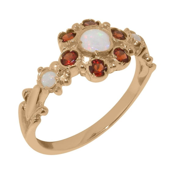 LBG British Made 9k Rose Gold Real Genuine Opal & Garnet Womens Promise Ring - 33 size options - Size 8.25