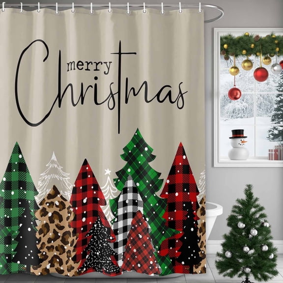 Merry Christmas Shower Curtains for Bathroom, Green Red Plaid Buffalo Xmas Tree Waterproof Fabric Shower Curtain for Bathroom Bathtub Decoration, Machine Washable, 54x"78"