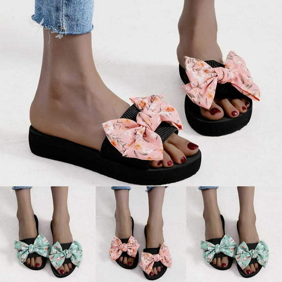 Jacenvly 2024 New Women's New Summer One-Line Floral Bow Over Flat Sandals Blue Sandals for Women