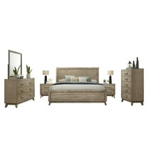 Roundhill Furniture Bedroom Set: King Bed, Dresser, Mirror, 2 Nightstands, Chest in Weathered Sand