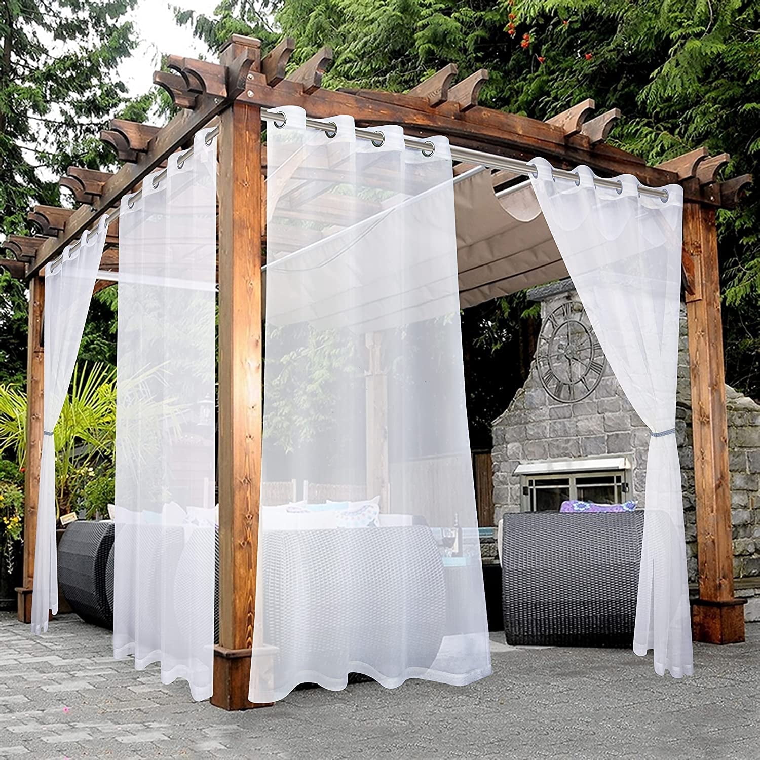 LUSHVIDA Waterproof Outdoor Sheer Curtains for Patio, White, 54 x 84 inch, 2 Panels - Outdoor Curtains Grommet Voile Drapes for Living Room, Bedroom, Pergola, Porch, Deck, Lanai and Cabana