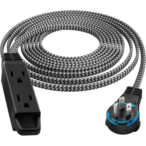 15FT 360° Rotating Extension Cord with Multiple Outlets, 3-Outlet Braided Flat Wall Plug, 16 AWG Thin Black Extension Cord for Indoor Lights, Small Spaces, Right Angle Socket, ETL Listed