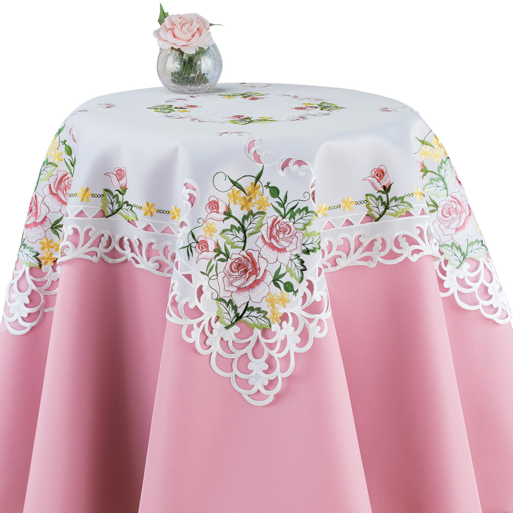 Delicate Pastel Rose Embroidered Cutwork Table Linens