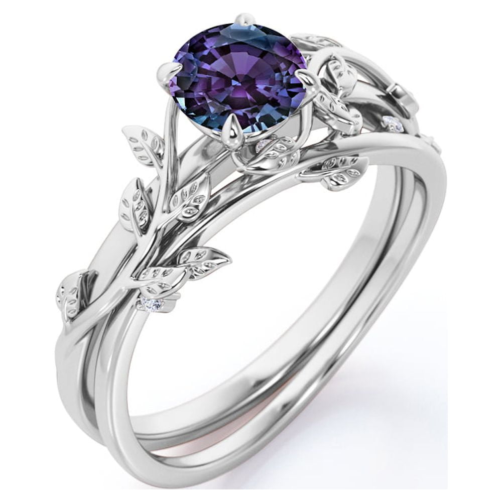 JeenMata 0.50 Carat - Round Cut Lab Created Alexandrite Ring Set - Leaf & Vine Wedding Ring Set - 18K White Gold Plating Over Silver