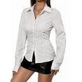 thumbnail image 2 of Blusa de Trabajo de Larga con Cuello y Botones A Rayas para Mujer Gris S, 2 of 9