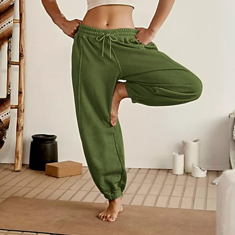 Womens Wide Leg Sweatpants Elastic Waist Pockets Cinch Bottom Loose Casual  Jogging Yoga Workout Sweat Pants (X-Large, Army Green)