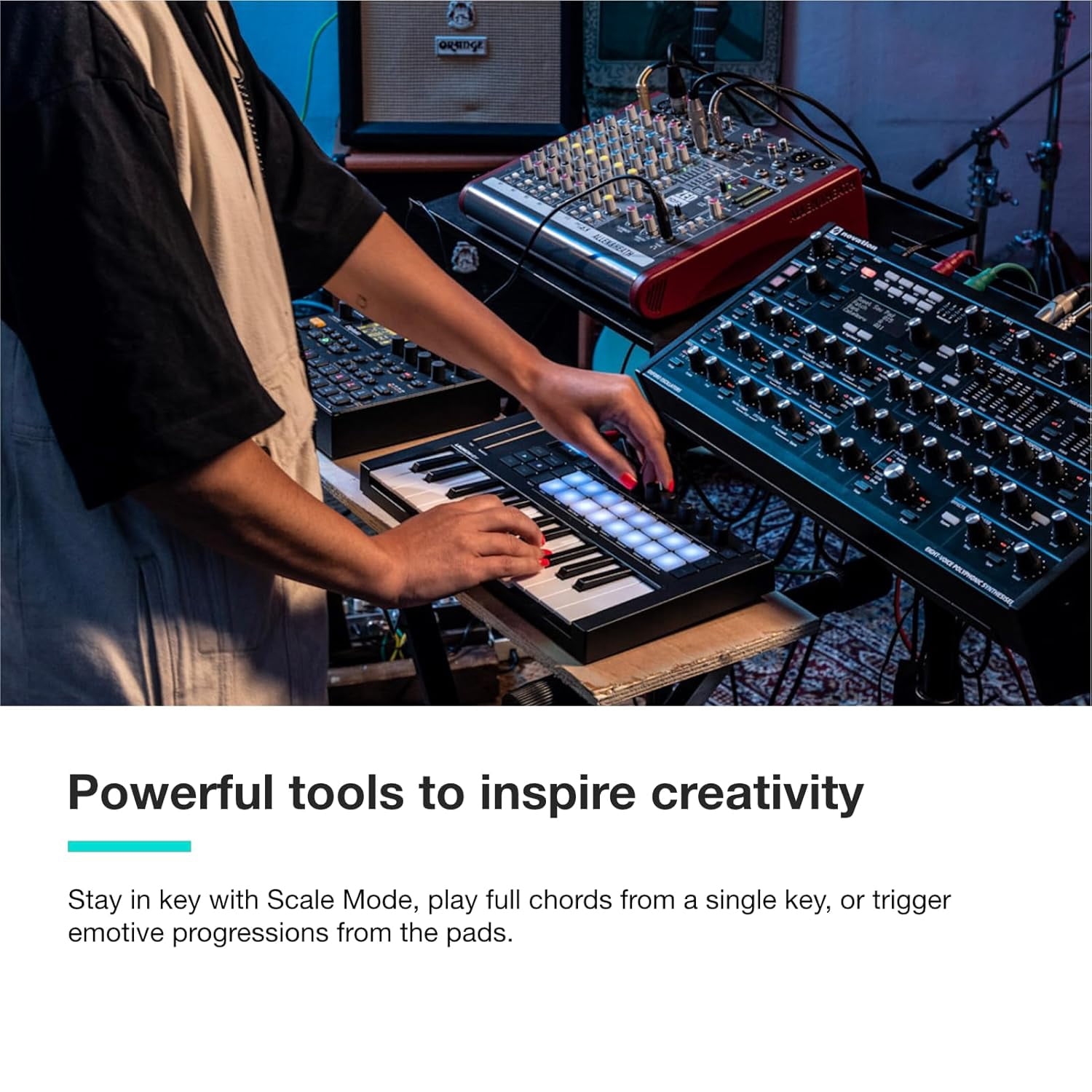 25-key MIDI sequencer keyboard controller with 16 RGB backlit drum pads and 8 knobs. Supports DAW and NKS integration, chord/scale modes. Includes software bundle.