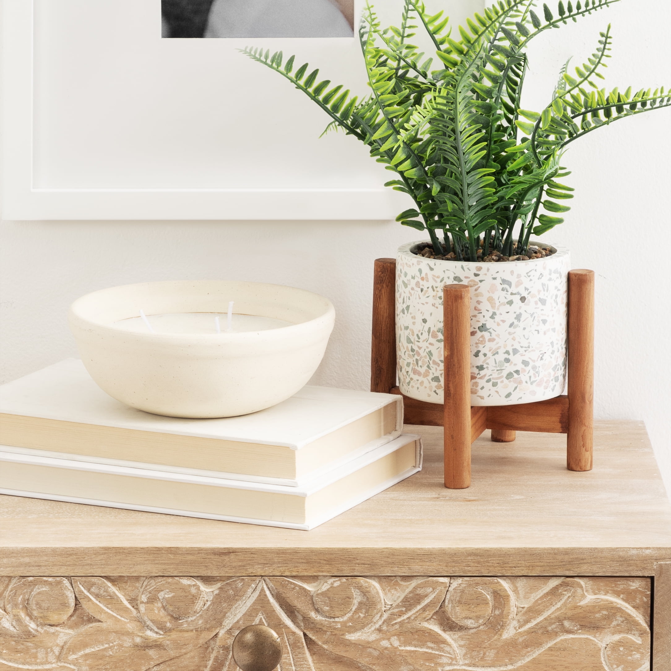 Design Ovation 10.5” x 3.875” Artificial Fern in Terrazo w/ Wooden Stand Plant Container