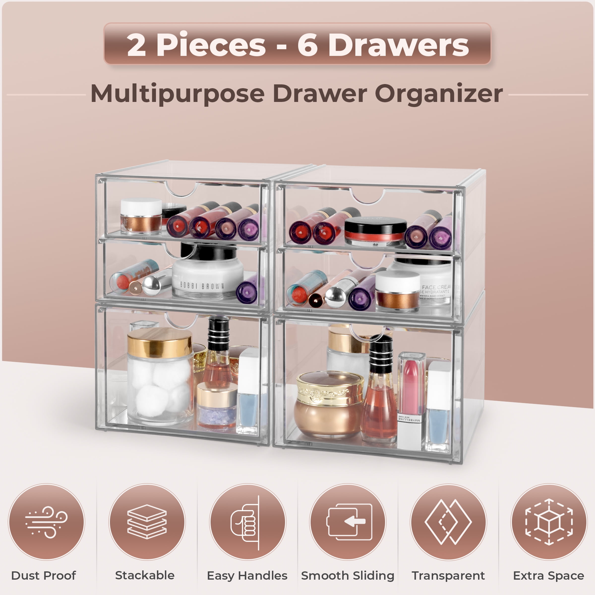 Sorbus 2-Piece Clear Acrylic Makeup Organizer with 3 Drawers (2 Pack), Stackable Storage Bins
