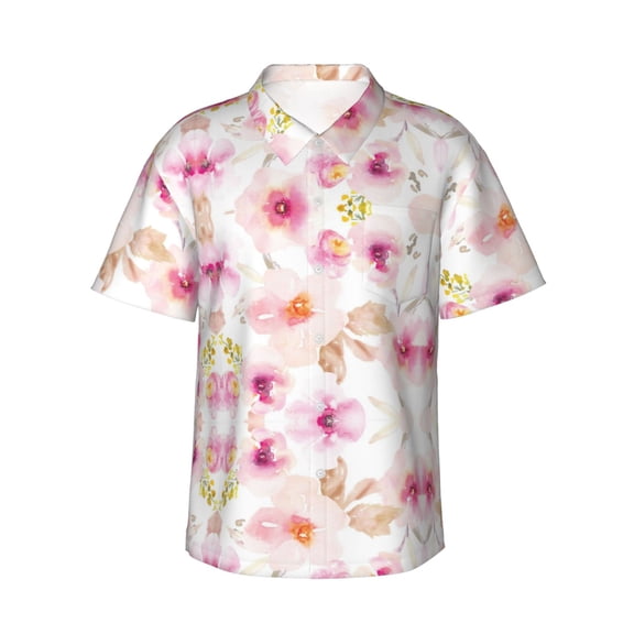Watercolor Pink Floral Hawaiian Shirts For Men, Summer Short-Sleeve Relaxed-Fit Button-Down Shirts Small