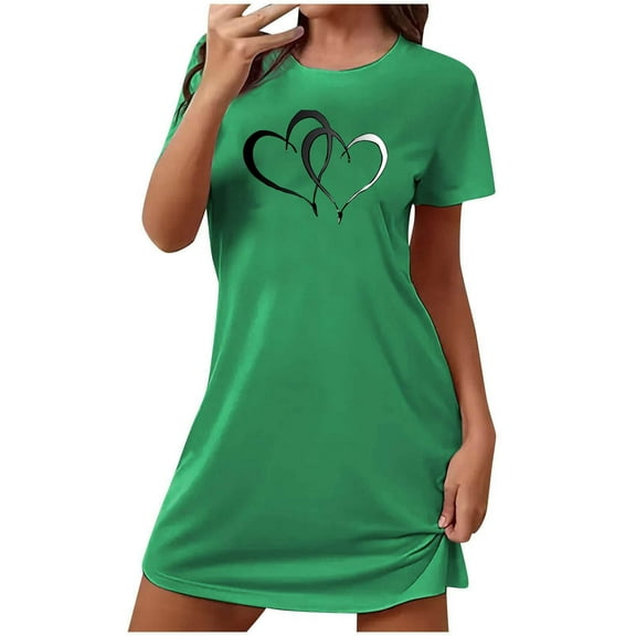 Oksale Cute Love Heart Print Sleep Shirt for Women Valentine's Day Short Nightgown Casual Round Neck Pajama Dress Short Sleeve Cozy Soft Lightweight Sleepwear 2025 Green M
