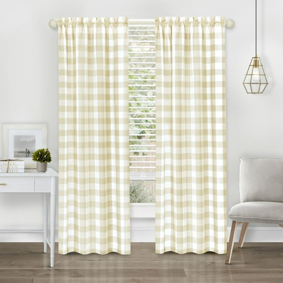 Achim Hunter Indoor Polyester/Cotton Light Filtering Checkered Curtain Panel, Tan, 42-in W x 84-in L