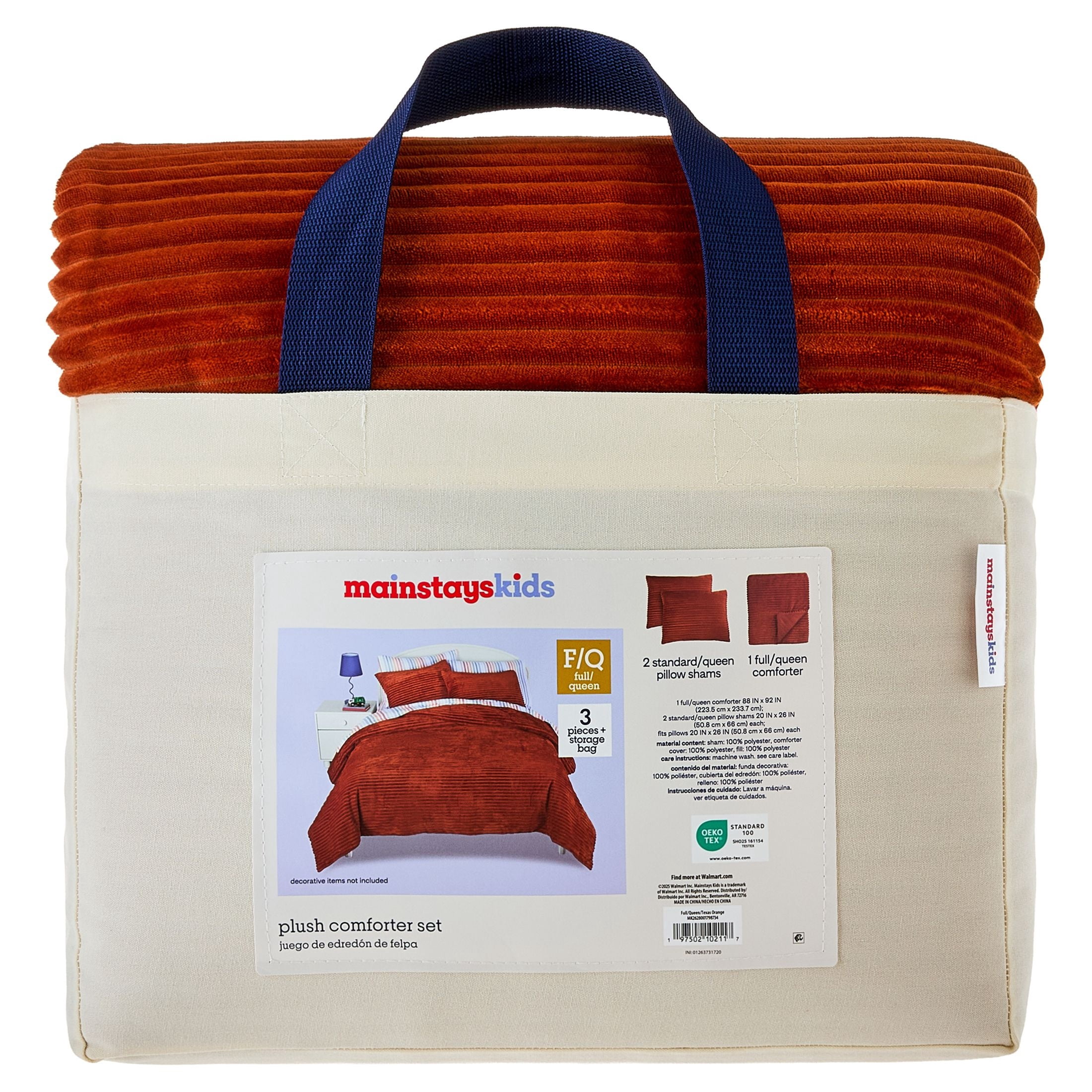 Mainstays Kids Orange Solid Plush Ribbed Corduroy Comforter Set, Full/Queen, 3 Pieces