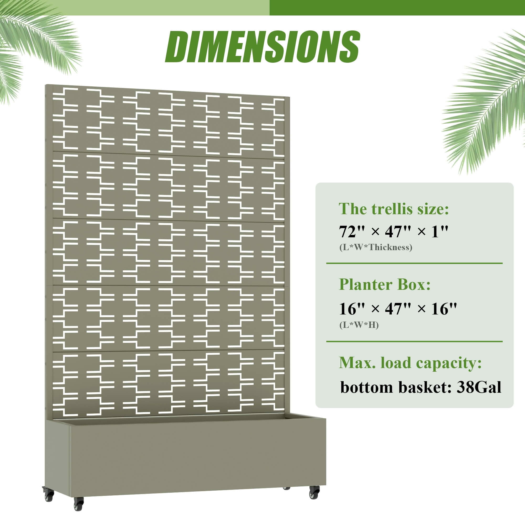 MAYEERTY 72X47" Metal Outdoor Olive Gray Privacy Screen with Planter Box for Backyard & Garden, 5 Piece Set