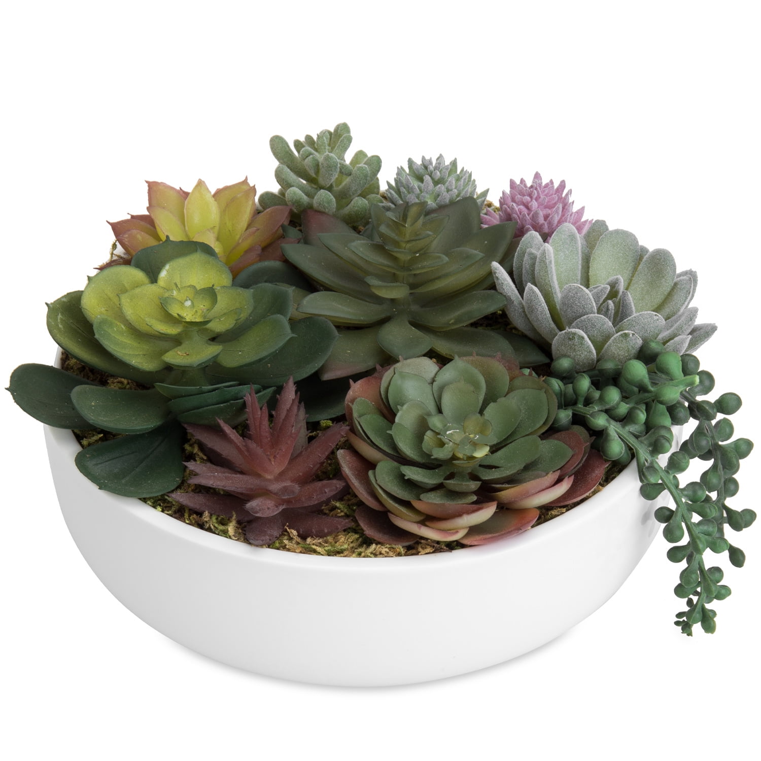 MyGift 8 inch Artificial Succulent Plants with White Round Ceramic