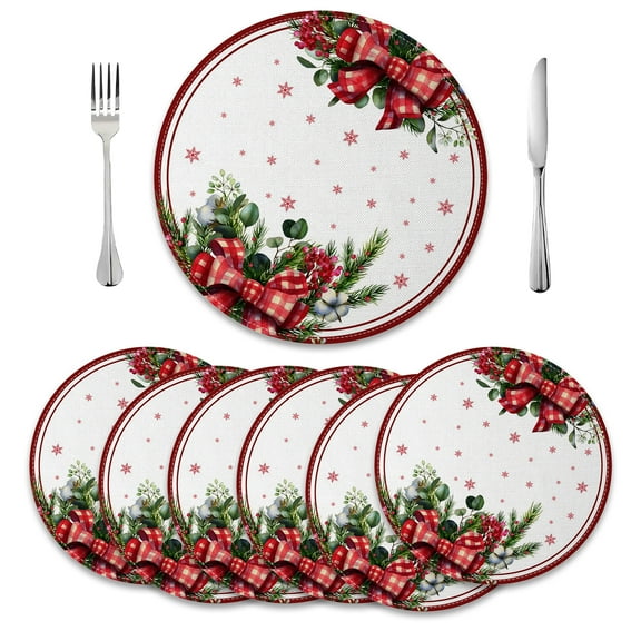 MIZHONA Merry Christmas Round Placemats Set of 6 Xmas New Year Table Mat 14 inch for Kitchen Dining Table Decoration