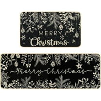 Christmas Kitchen Rugs Set of 2 Black Xmas Kitchen Mats for Winter Floor Decor Holly Pine Branches Leaves Merry Christmas Kitchen Rugs for Kitchen Farmhouse Bedroom Decorations