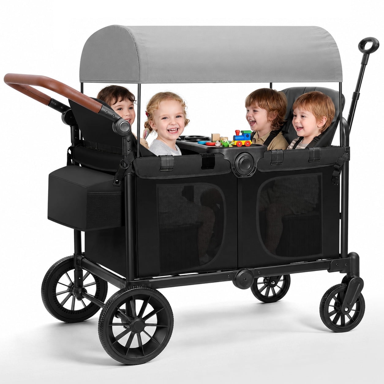 Neche Collapsible Wagon Stroller 4 Seater with 5-Point Harnesses, Canopy, Storage Bag, Adjustable Handlebar, 2 Cup Holders, Grey