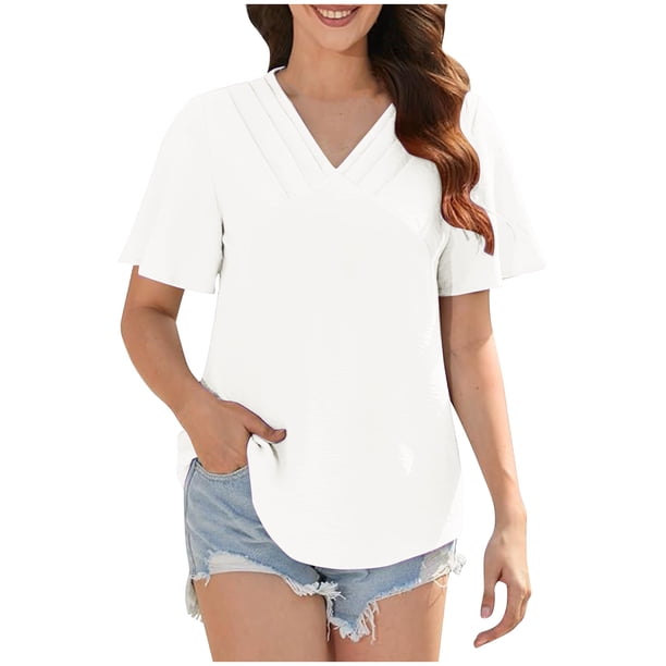 Fiudx Ofertas Flash Del Día Solo En Línea Camiseta Plisada Básica Informal de Manga Corta con Cuello Redondo para Mujer Camisa Holgada de Algodón