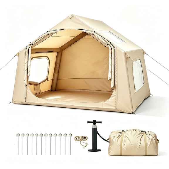 Inflatable Tent for Camping with Pump, 10x8x7ft, 4-5 Person Extra-Space Blow up Tent, Portable Easy Setup, with Skylight, Large Mesh Doors, Waterproof Oxford, for Family, 4 Season Inflatable House