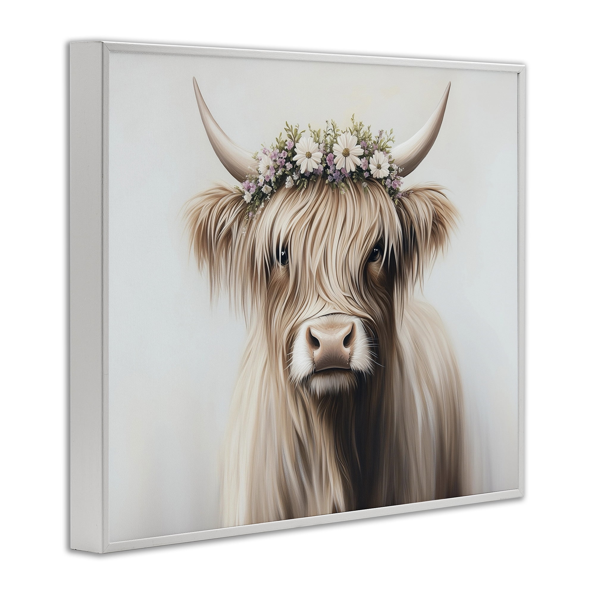 Shaggy Cattle Floral Crown White Framed Giclee Art, design by Shawna Stewart