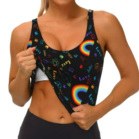 Qokaie Cartoon Pride Lgbt Pattern Womens Scoop Neck Sports Bra Breathable Workout Vest Padded U Back Medium Impact Fitness Gym Yoga Bra Workout Crop Top