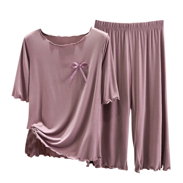 Yuyuzo Ensembles de Pyjama 2 Pcs pour Femmes Manches Courtes Col Rond Hauts Pantalons Amples Confortables Ensembles de Pjs à Volants Vêtements de Nuit
