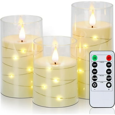 Merrynights Flameless Candles with Fairy Lights, Embedded String Light Candles, LED Battery Operated Candles with Remote Control and Timers for Home Decoration, Ivory, D3”H4”5”6”