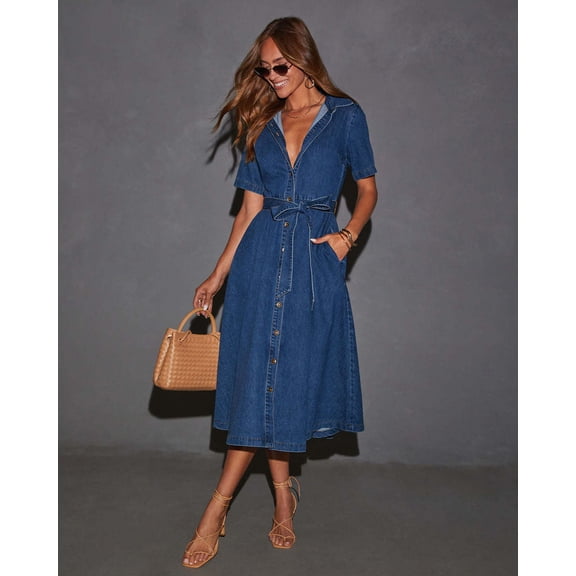 Women's Blue Short Sleeve Denim Midi Dress, Tie Waist Button Front A Line Dress