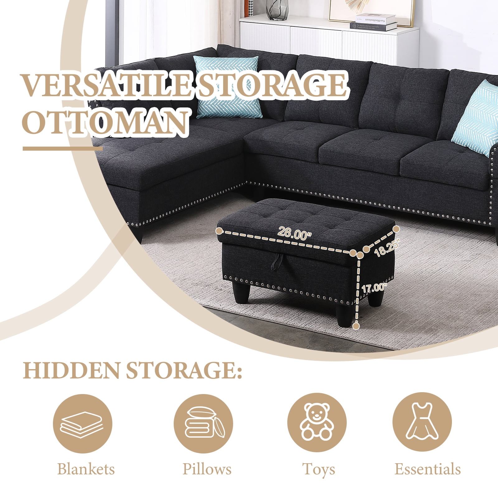 Dreamzie Flippable Backrest Sectional Sofa Set, L-Shaped Linen Modular Sectional Couches for Living Room, Apartment, Storage Ottoman,Charcoal Grey
