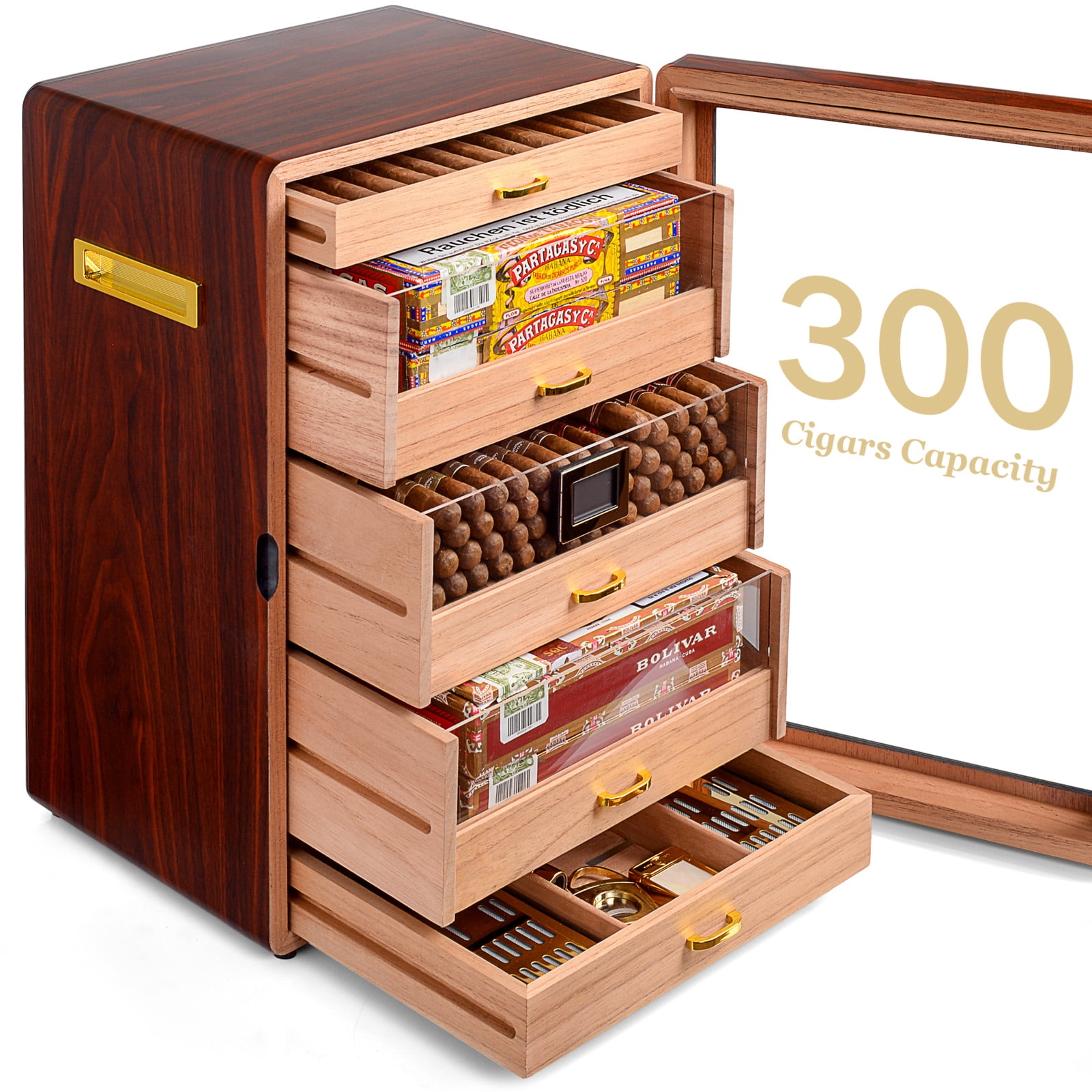 Marvero 300 Count Cigar Humidor, Spanish Cedar Interior, Digital Hygrometer, Walnut Finish