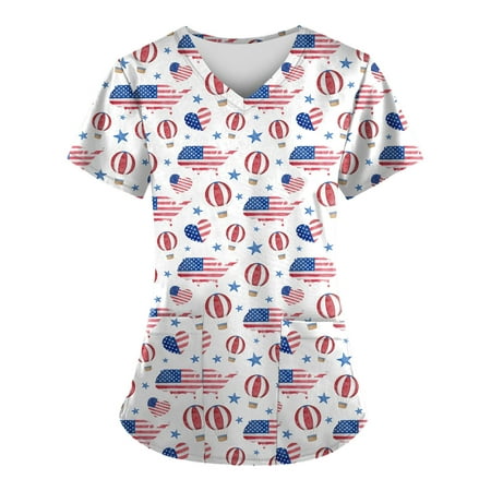 

Sksloeg Womens Scrub Tops Plus Size American Usa Flag Star Print Blouse Short Sleeve Nurse Working Uniform V Neck Graphic Scrub Shirts Red S