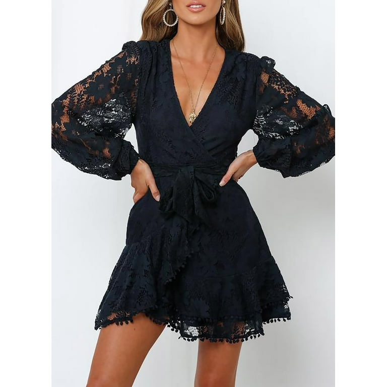 Dokotoo Women s Black 2023 Embroidered Skater Dress Floral Wedding Dress Lace Bridesmaid Dresses Swing Party Dress Sexy Wrap Ruffle Mini Dress Puff Sleeve Spring Cocktail Dresses US 16 18 XL Walmart.c...