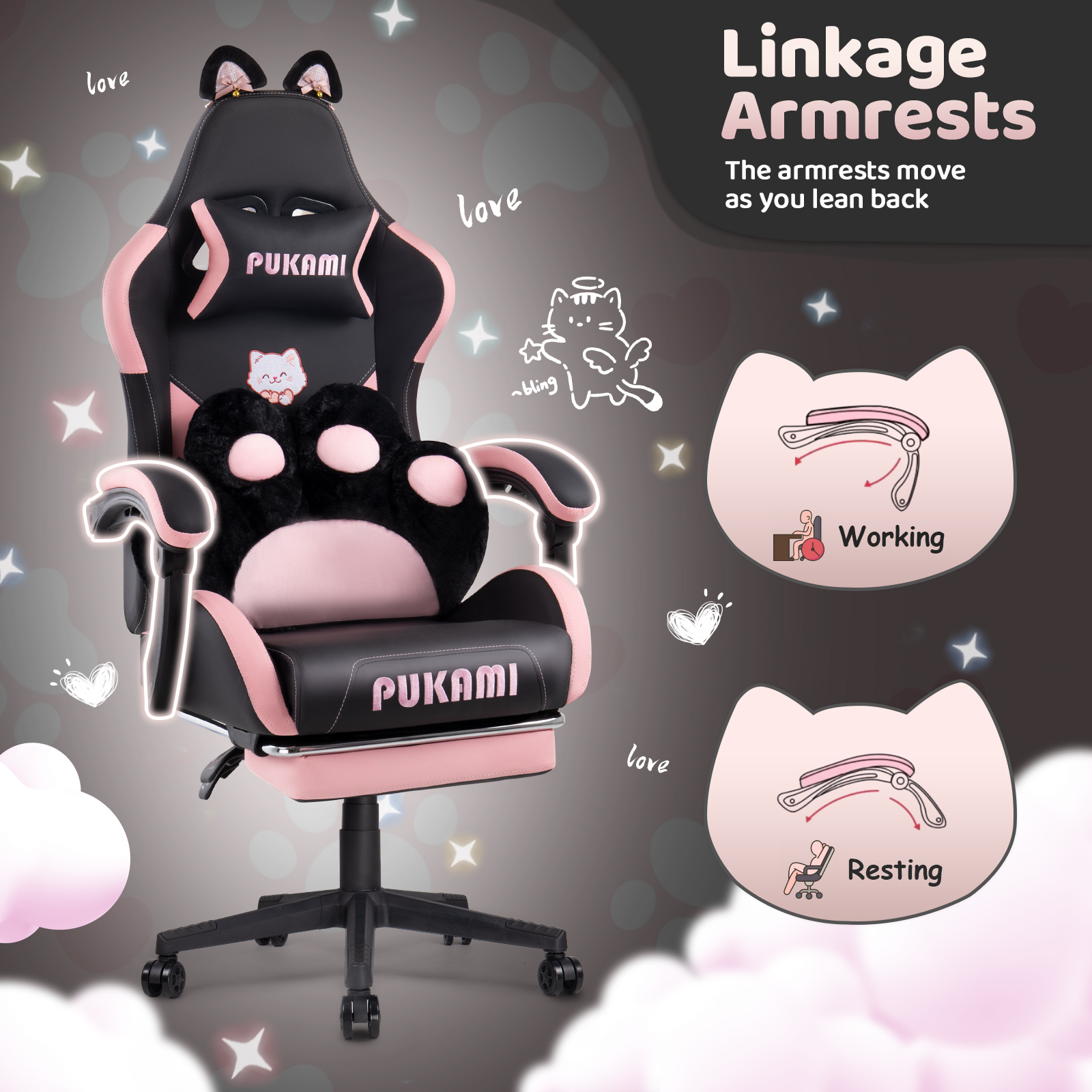 Waleaf Pink Gaming Chair with Cat Paw Lumbar Cushion and Cat Ears for Girls, Reclining Office Computer Chair with Footrest for Adults, Teens