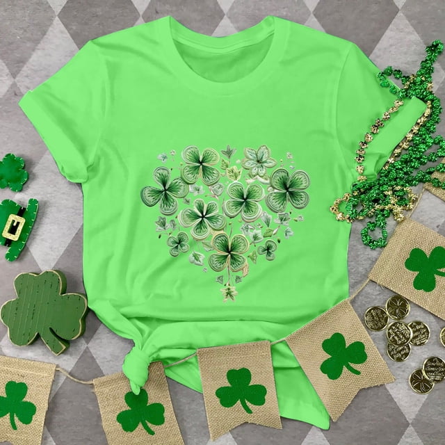 T-shirt de la Saint-Patrick pour Femmes, Col Rond, Manches Courtes, Imprimé Arbre de Noël