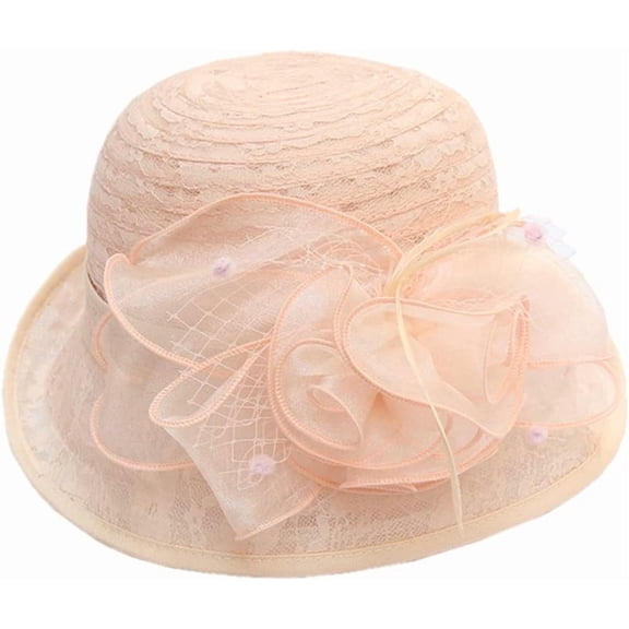 LinYooLi Organza Hat for Women Flower Wide Brim Hat for Wedding Tea Party Costume