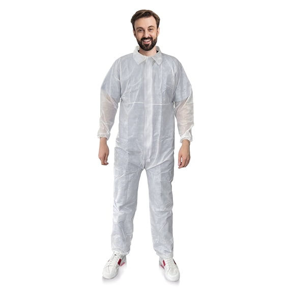 Disposable Coveralls Polypropylene White 25 count pack Small with Front Zipper and Elastic Wrists