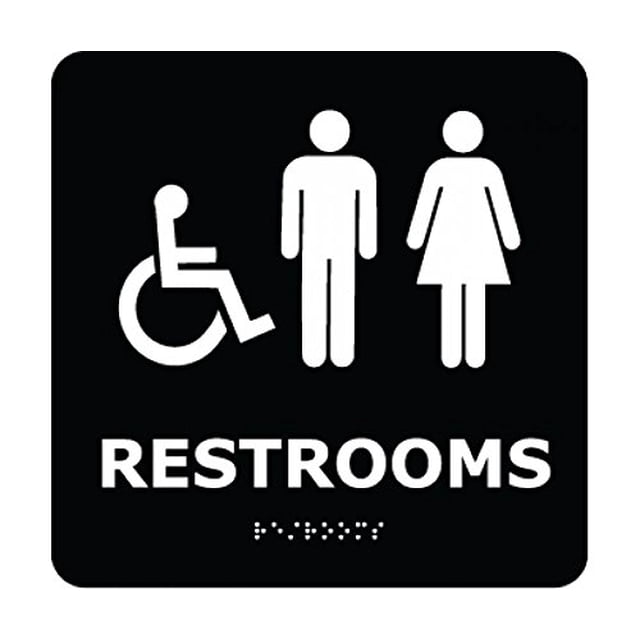 NMC ADA9WBK RESTROOMS Braille ADA Sign - 8 in. Square Sign - Plastic Sign with Handicap Symbol, Man, Woman Graphic, White Text on Black Base