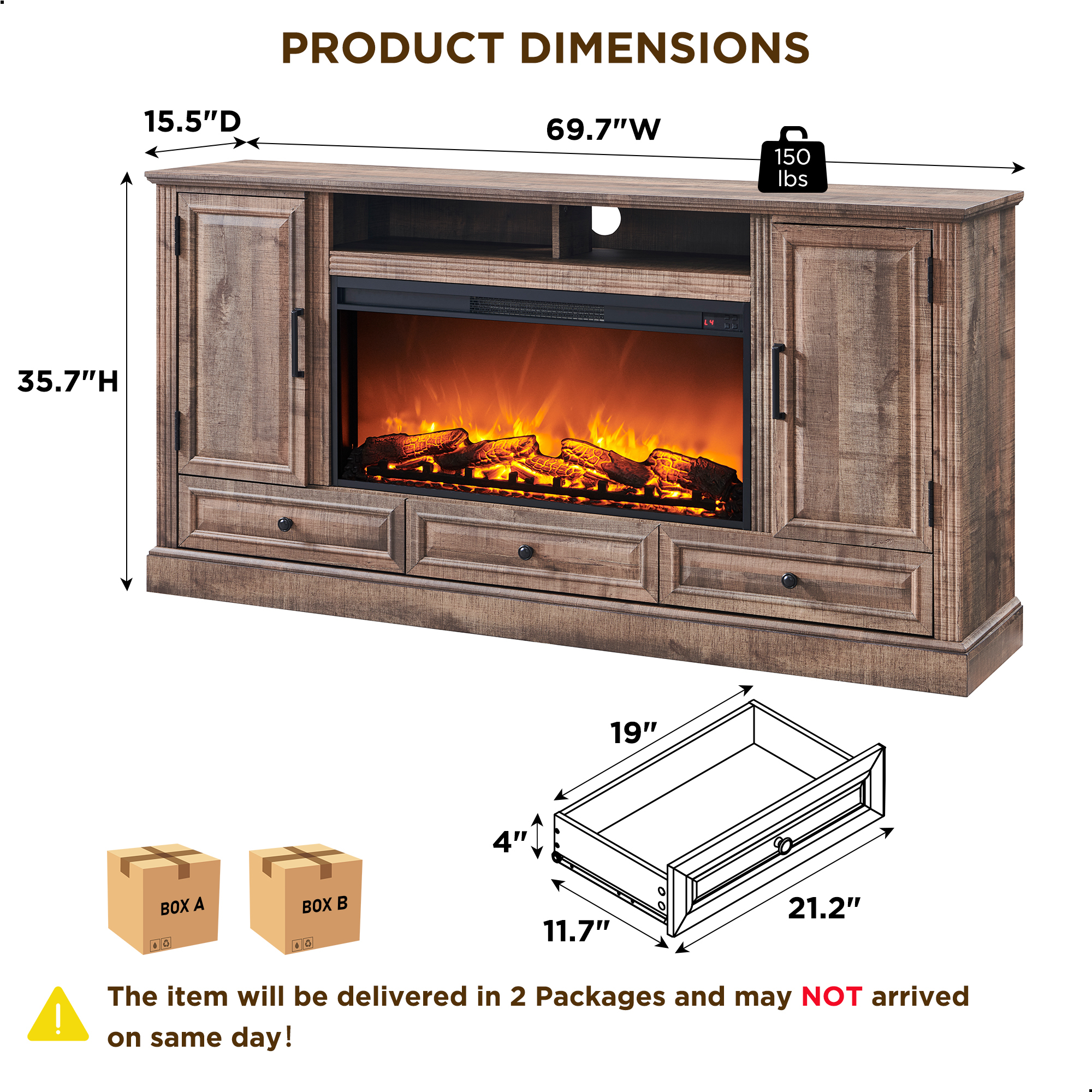 T4TREAM Farmhouse 70" Fireplace TV Stand for TVs up to 80", Entertainment Center W/36" Electric Fireplace Highboy Media Console with Large Storage Cabinets and Drawers for Living Room, Light Brown