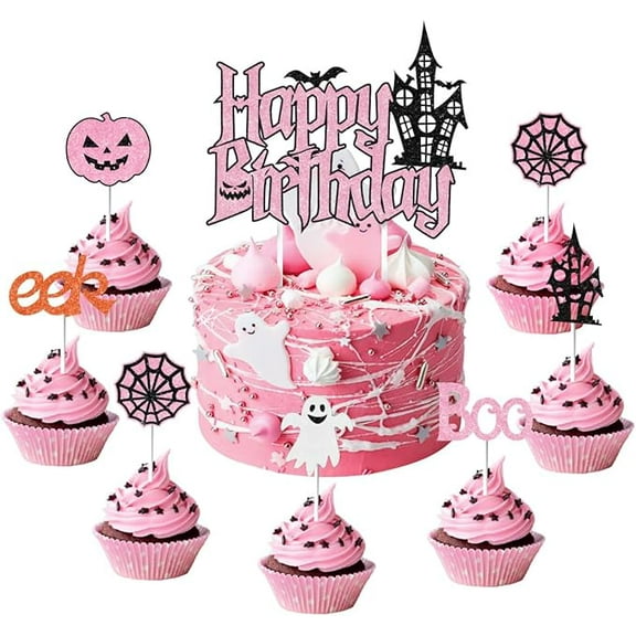 25PCs Happy Birthday Cake Topper Set Pink Black Halloween Themed Cupcake Toppers for Girl Birthday Party Decorations with Pumpkin Ghost Spider Web Decor