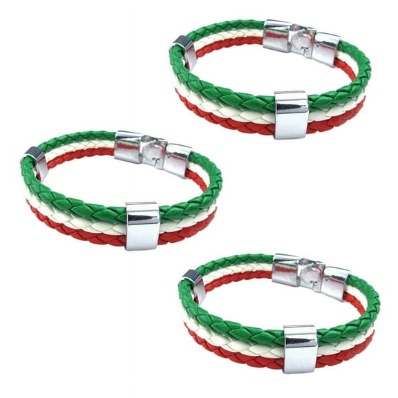 3X Jewelry Bracelet, Italian Flag Bangle, Leather , for Men'S Women, Green White Red (Width 14 mm, Length 23 cm)