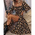 thumbnail image 3 of Womens Casual Square Neck Long Sleeve Boho Floral Midi Dress Print Side Split Dresses Gold L, 3 of 7