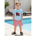 thumbnail image 3 of BemeyourBBs Toddler Baby Boy Summer Clothes Kids Baby Boys Back to School Pre Kindergarten Outfits Short Sleeve Embroidery Bus Letters T-shirt with Plaid Shorts Set, 3 of 9