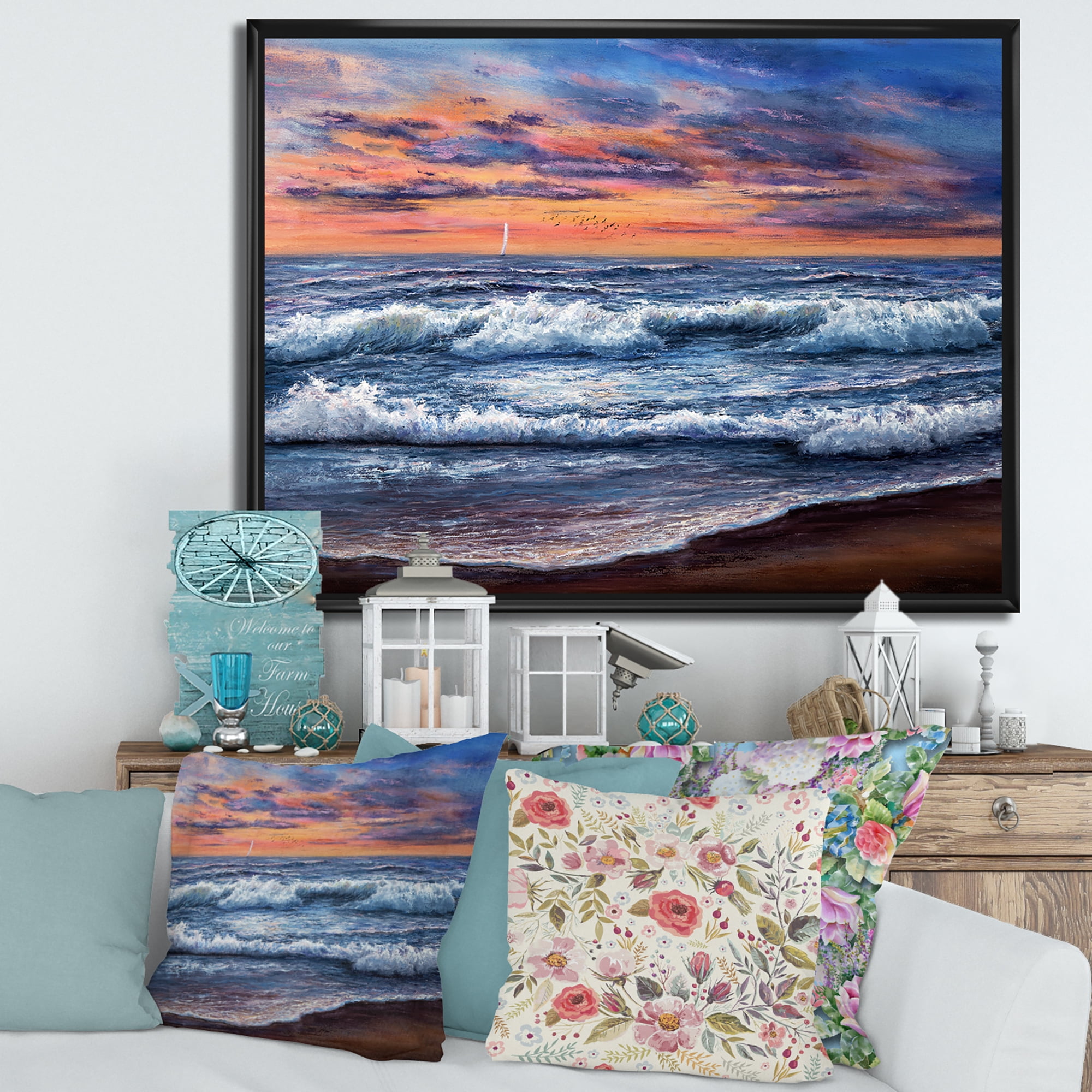 Designart 'The Blue Ocean In Sunset Evening II' Nautical & Coastal Framed Canvas Wall Art Print