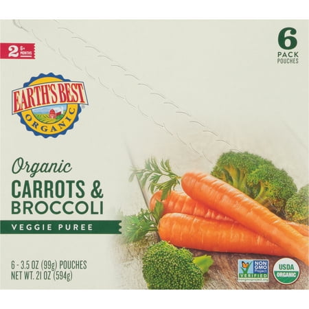 Earth's Best Organic Stage 2 Baby Food, Carrot & Broccoli, 3.5 oz Pouches (6 Pack)