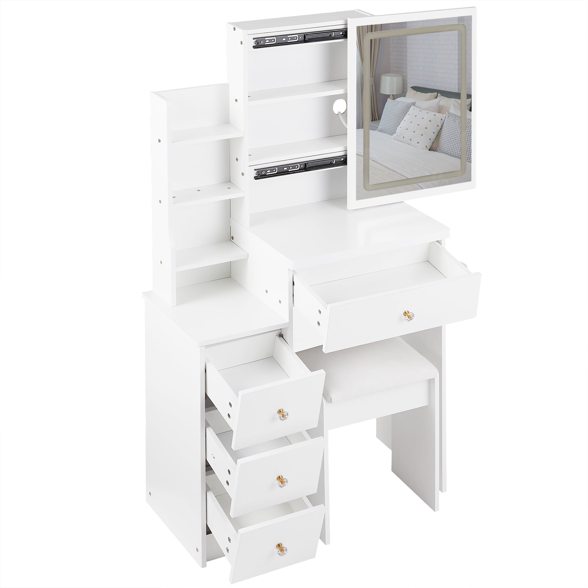 Bedside Cabinet Vanity Table + Cushioned Stool, Hair dryer bracket, Extra Large Touch Control Sliding LED Mirror
