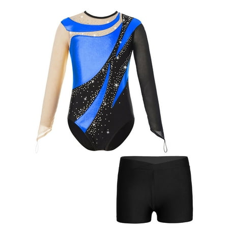 Sholeno Kids Girls Sparkly Rhinestones Mesh Long Sleeve Gymnastics Ballet Dance Leotard Bodysuit with Royal Blue&Black 10
