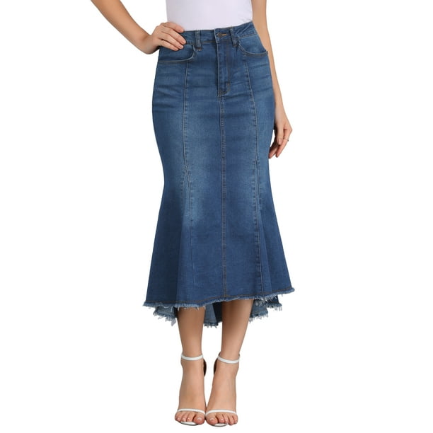 Falda midi casual de mujer de mezclilla desgastada con cola de pez, cintura alta, dobladillo sin terminar y bolsillos en azul profundo