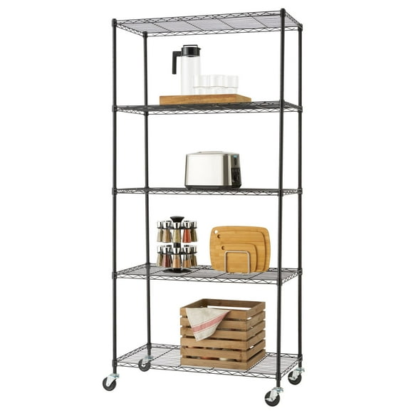 TRINITY Basics 5-Tier Wire Shelving Rack | 36 x 18 x 76 | Includes Wheels | NSF | Black